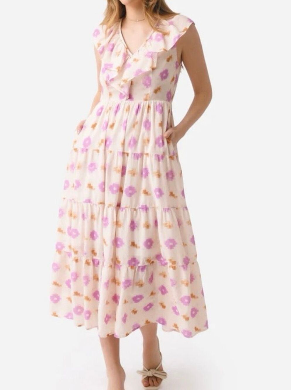 Xirena abstract print ruffled tiered midi dress ikat size M